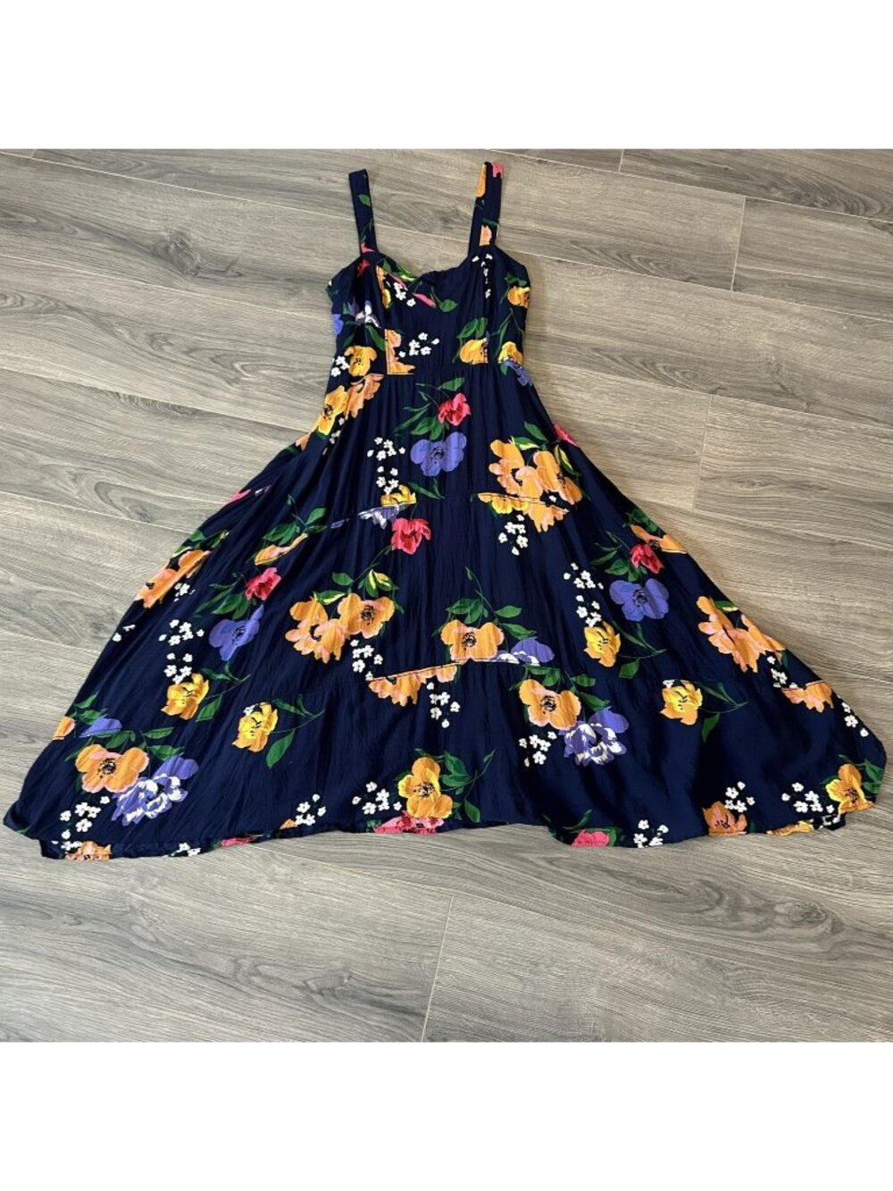 Maeve Dress Womens 8 Blue Floral Sweetheart Blue Midi Fit Flare Sundress Rayon